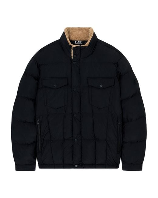 EA7 Blue Long-Sleeved Cotton-Padded Jacket for men