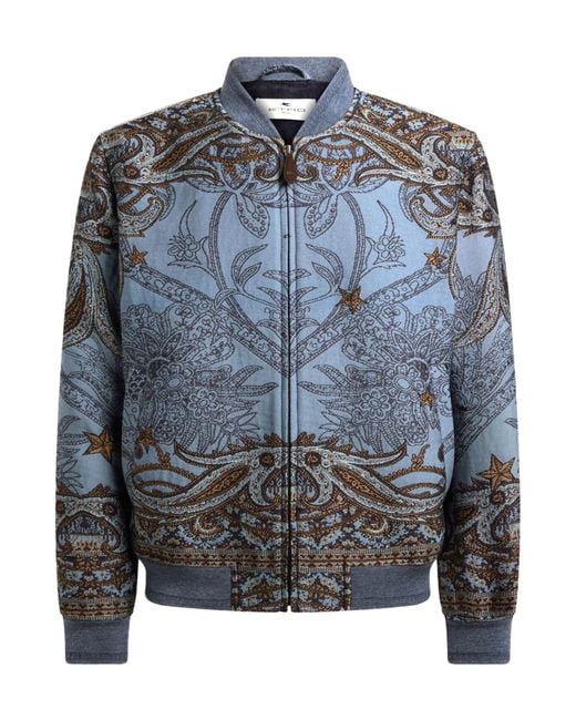 Etro Blue Wool-Blend Jacquard Bomber Jacket With Placed Pegaso Motif for men