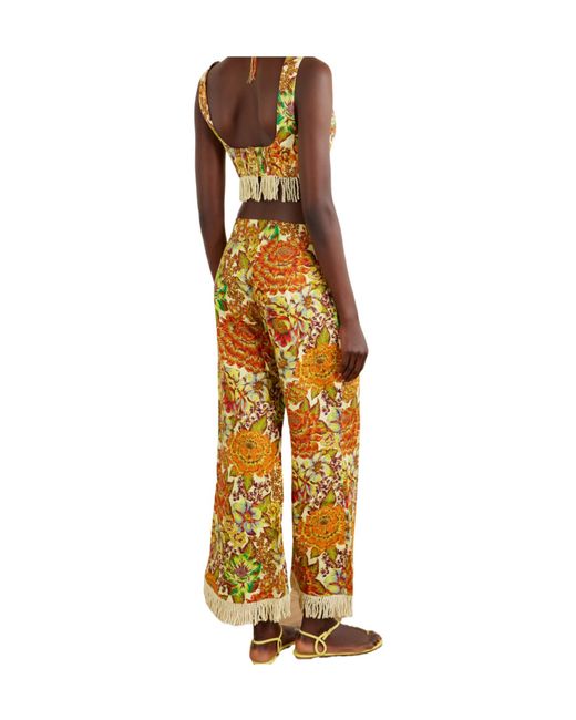 ALÉMAIS Yellow Fringed Floral-Print Linen Flared Pants