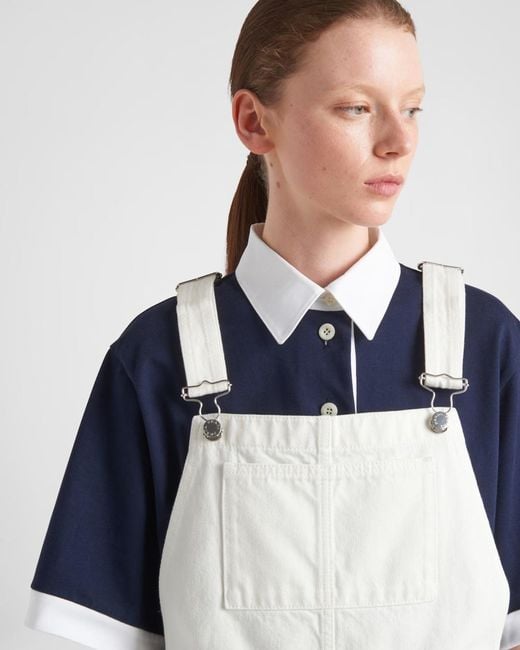 Prada White Triangle-Logo Denim Overall Mini-Dress