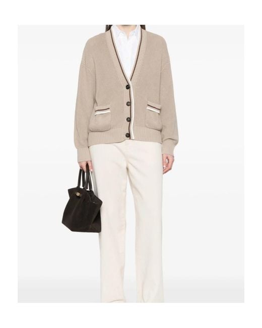 Brunello Cucinelli Natural Buttoned Striped-Detail Cardigan