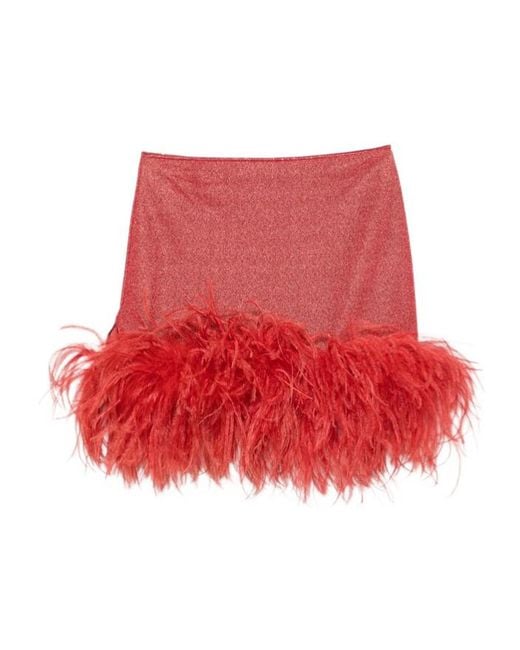 Oseree Red Feather-Decorated Midi Skirt