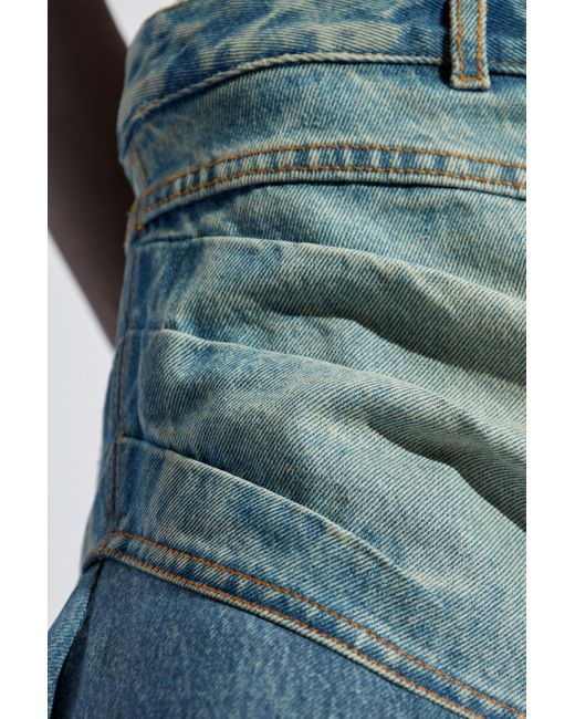 Balmain Blue Logo Patch Asymmetric Denim Ruffled Short Skirt