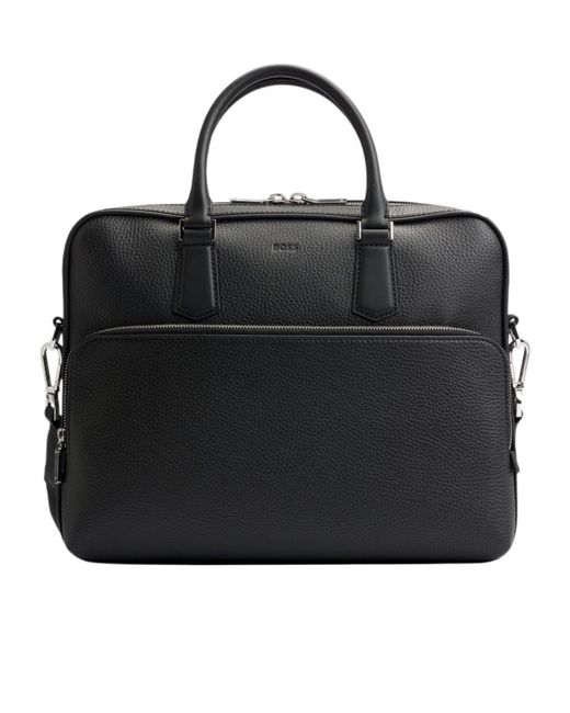 Boss Black Logo-Debossed Leather Laptop Bag for men