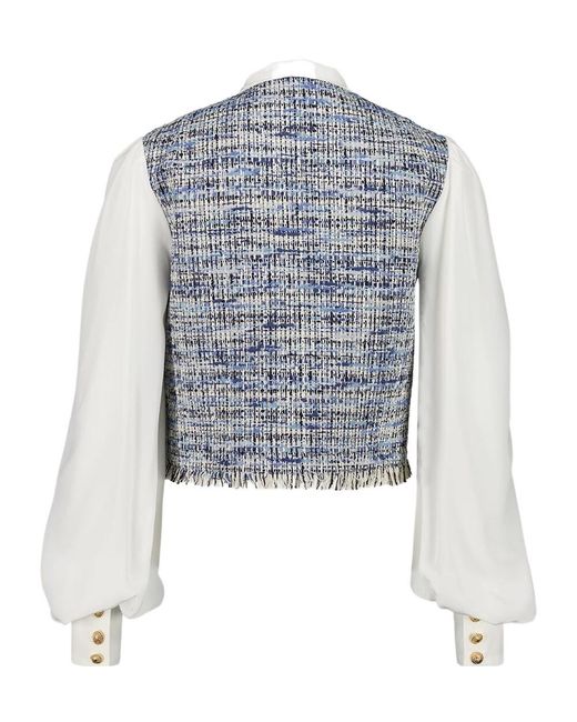 Balmain Blue Tie-Detailed Tweed Cropped Jacket