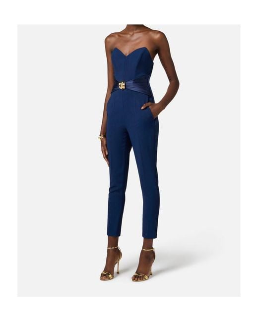 Elisabetta Franchi Blue Flowing Macro Bow Crepe Jumpsuit