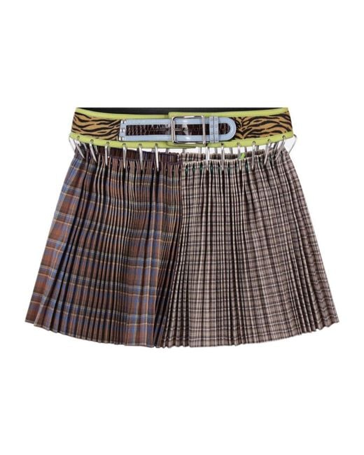 Chopova Lowena Gray Waist-Cinching Plaid Mini Skirt