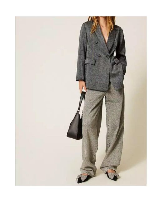 Twinset Gray Herringbone Double-Breasted Blazer
