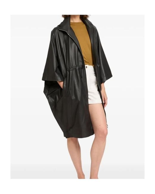Yves Salomon Black Hooded Waterproof Leather Cape