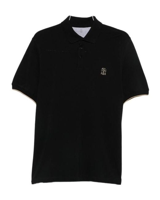Brunello Cucinelli Black Logo Embroidered Short Sleeved Polo Shirt for men