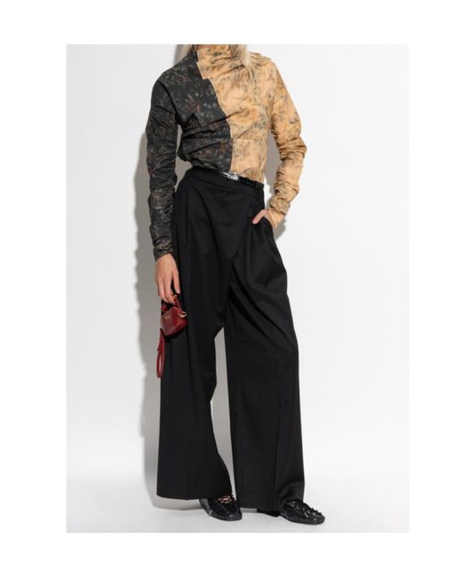 Ganni Black Asymmetric-Neck Floral-Printed Ruched Top