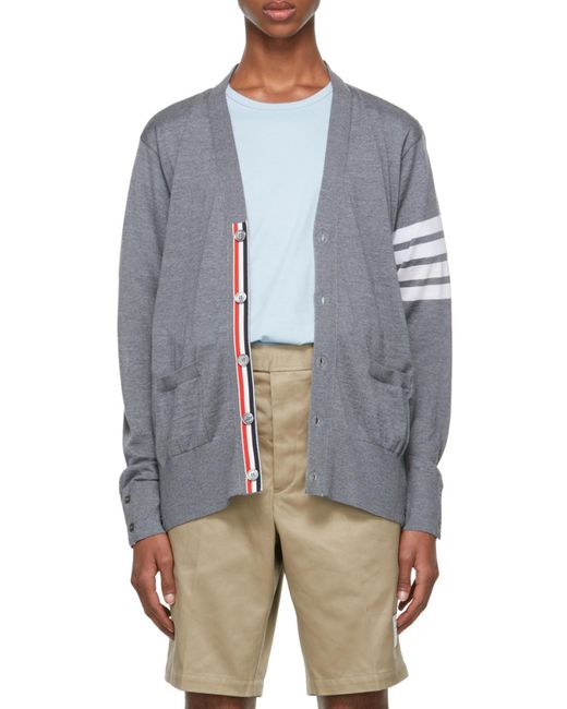 Thom Browne Gray Bar Striped V-Neck Cardigan for men