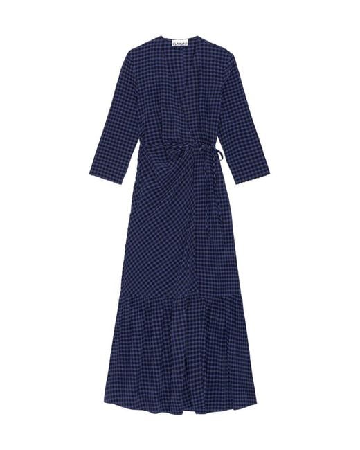 Ganni Blue Checkered Seersucker Gathered Midi Wrap Dress