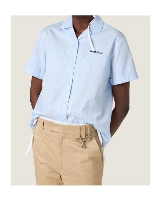 Miu Miu Blue Gingham-Check Logo-Embroidered Shirt