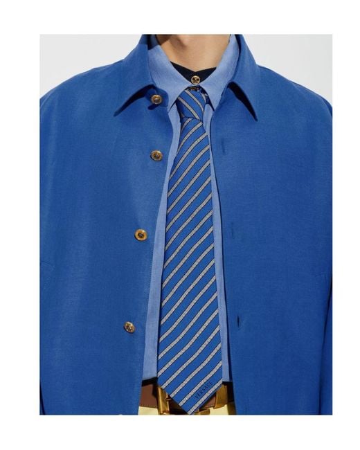 Versace Blue Greca-Pattern Diagonal-Stripe Tie for men