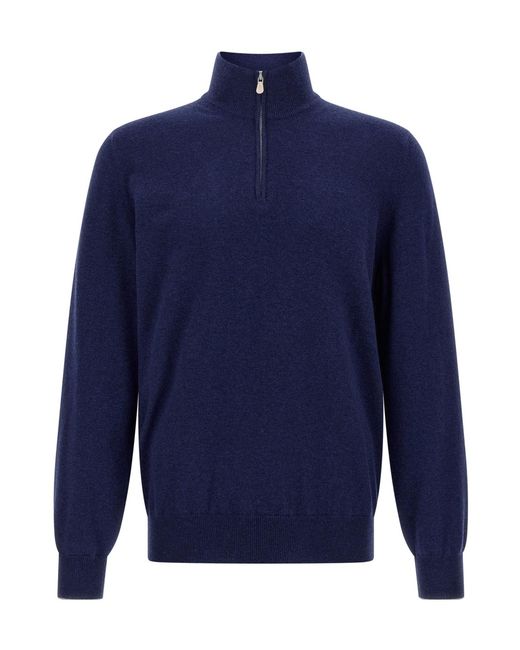 Brunello Cucinelli Blue Cashmere Half-Zip Sweater for men