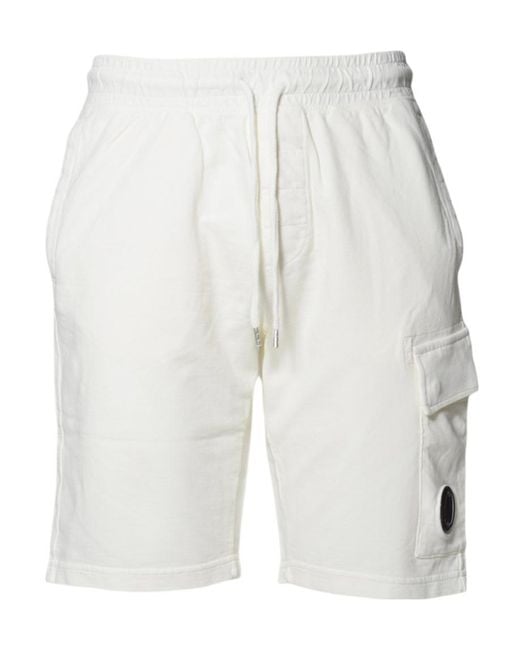 C P Company White Light Fleece Cargo Lens Shorts for men