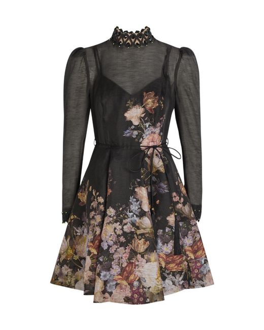 Zimmermann Black Floralprint Linen And Silkblend Mini Dress