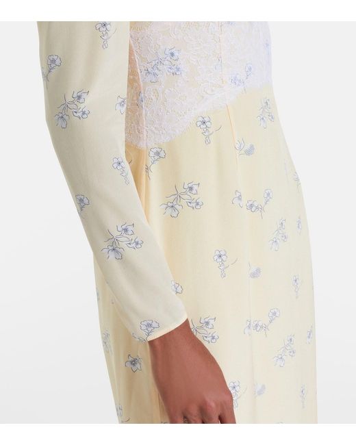 Alessandra Rich Natural Lace-Trimmed Floral Silk Midi Dress