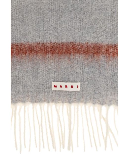 Marni Gray Logo Patch Fringed Scarf