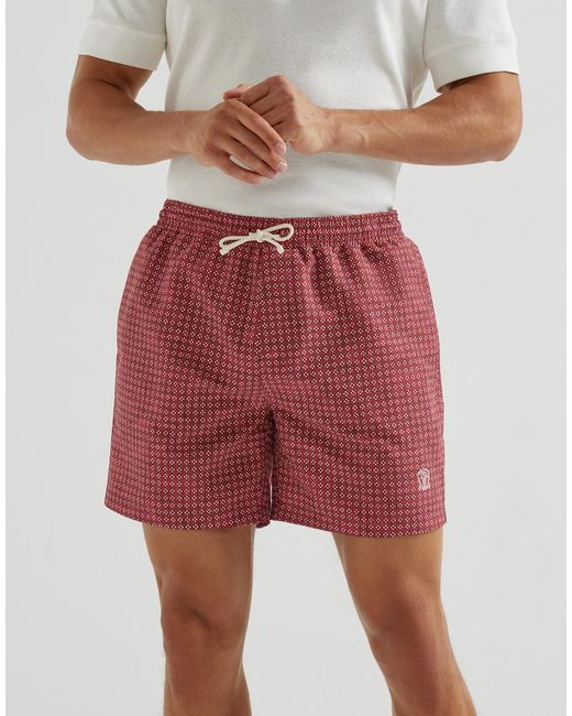 Brunello Cucinelli Red Geometric Print Swim Shorts for men