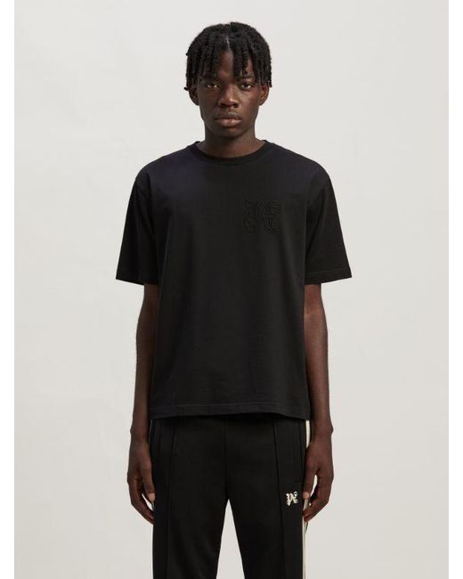 Palm Angels Black Monogram Embroidered Crewneck T-Shirt for men