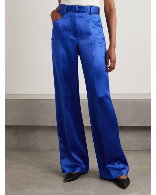 Gabriela Hearst Blue Norman Belted Silk-Satin Straight-Leg Pants