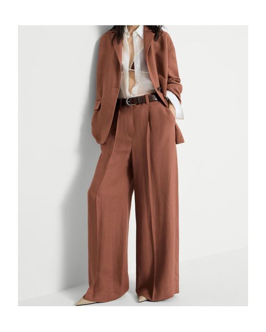 Brunello Cucinelli Brown Viscose And Linen Fluid Twill Wide Trousers With Monili