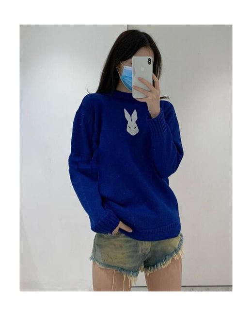 Maison Margiela Blue Distressed Effect Ribbed Knit Jumper for men