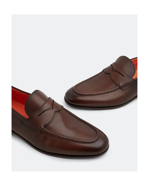 Santoni Brown Slip-On Penny Loafers for men