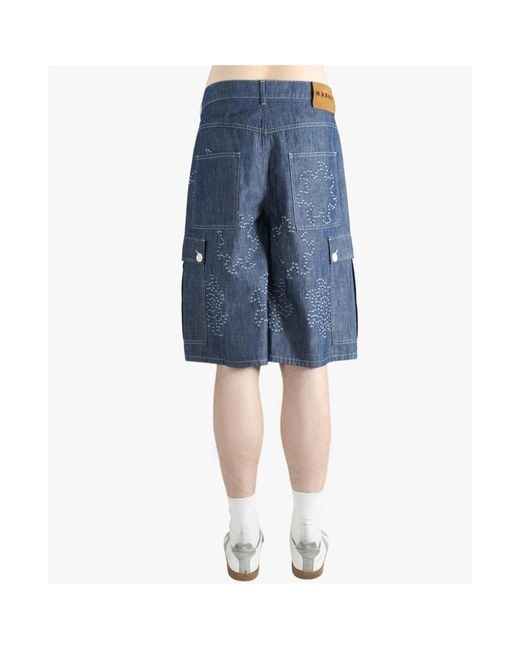 Marni Blue Embroidered Wide Leg Denim Shorts for men