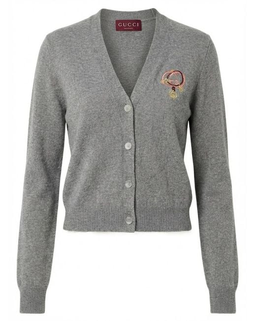 Gucci Gray Wool Cashmere Cardigan With Embroidery