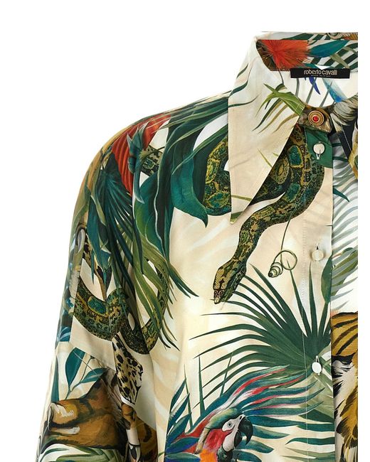 Roberto Cavalli Green Jungle Printed Wide Sleeved Satin Shirt