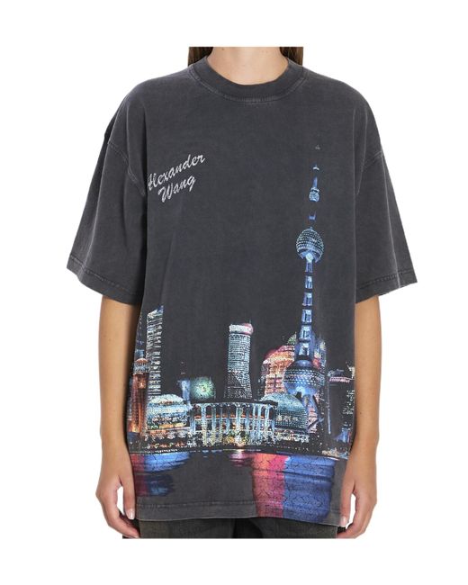 Alexander Wang Multicolor T-Shirt With Thermo-Applied Rhinestones And Shanghai Skyline