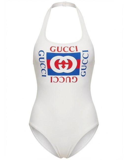 Gucci White Logo-Print Halterneck Swimsuit