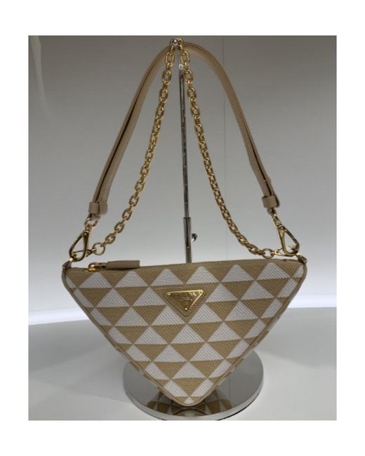 Prada White Logo-Triangle Embroidered Zipped Mini Shoulder Bag