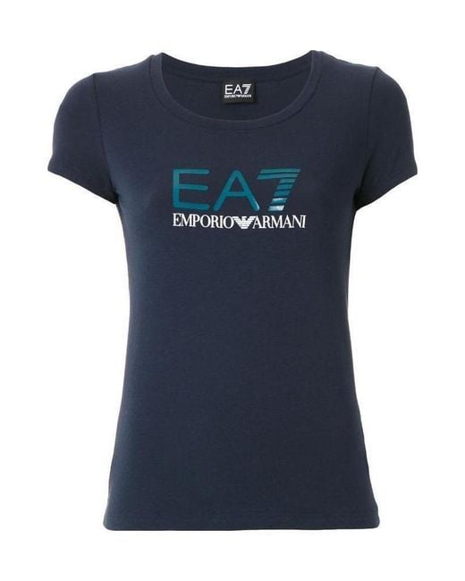 EA7 Blue Logo-Print Scoop Neck T-Shirt