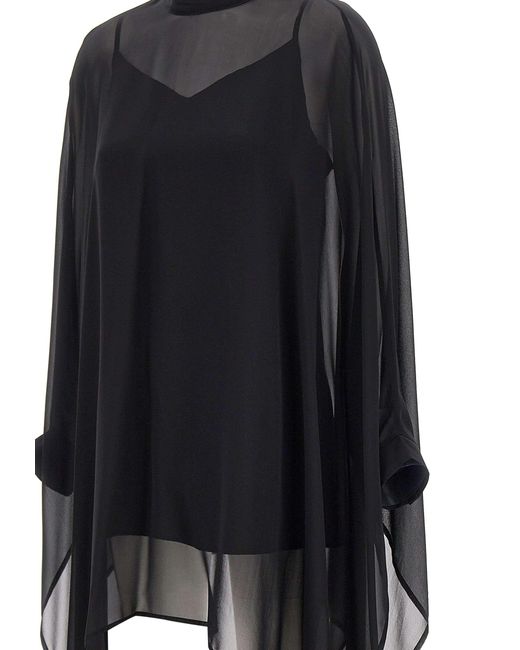 P.A.R.O.S.H. Black Semi-Sheer Draped-Sleeved Tunic