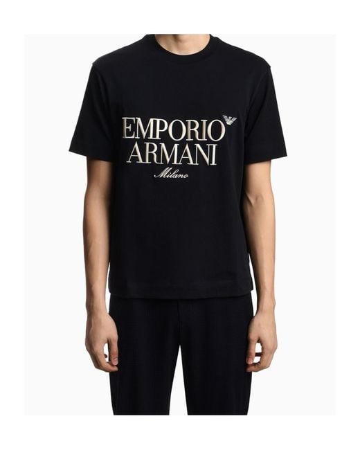 Emporio Armani Black Logo Embroidered Crewneck T-Shirt for men