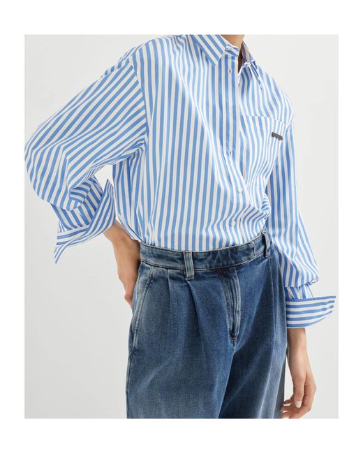 Brunello Cucinelli Blue Striped Long Sleeved Shirt