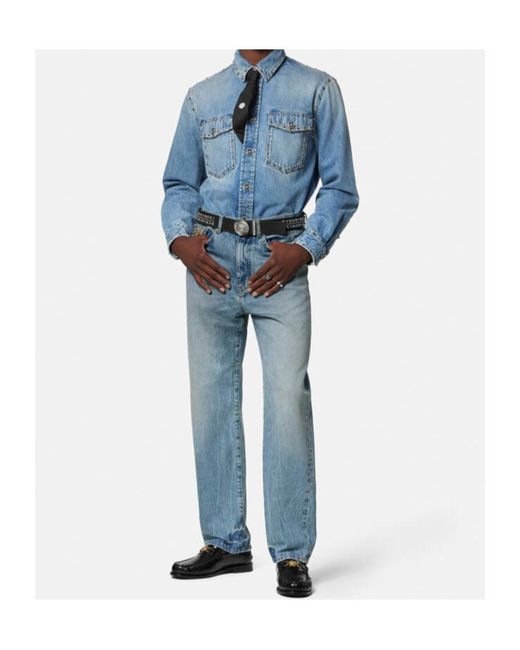Versace Blue Embellished Denim Overshirt for men