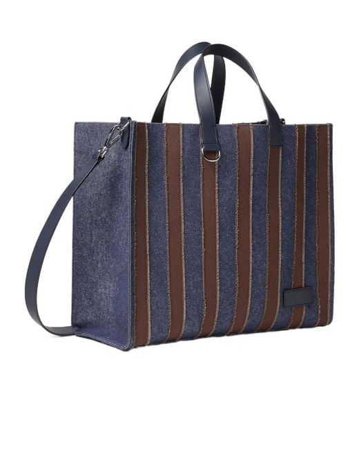 Fendi Blue Pequin Striped Denim Tote Bag for men