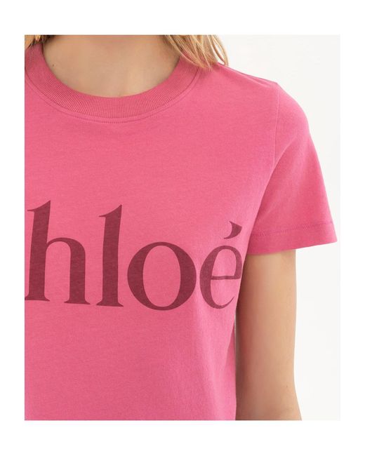 Chloé Pink Chloé Logo Printed Crewneck T-Shirt