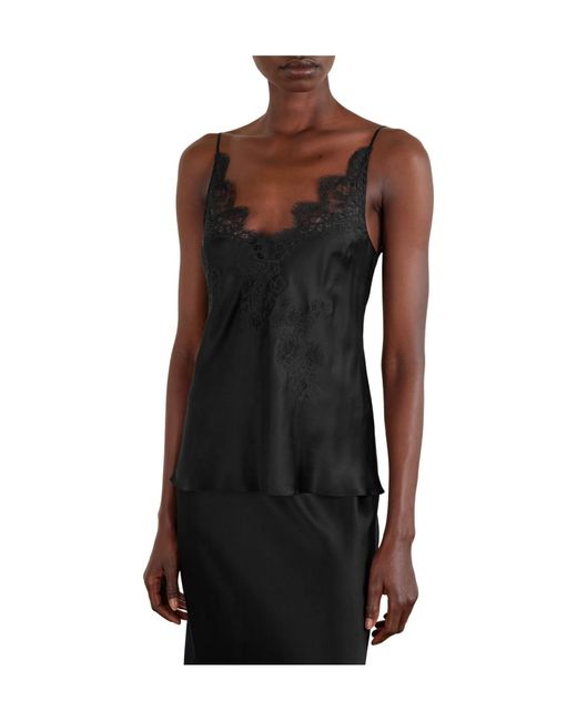 Carine Gilson Black Lace-Trimmed Silk-Satin Camisole