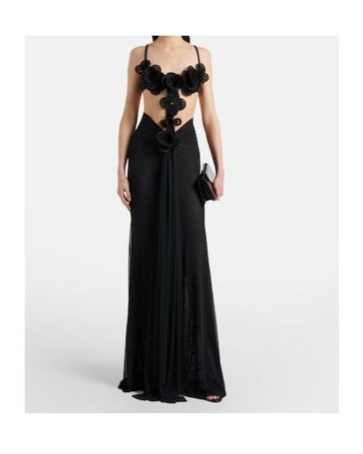 David Koma Black Floral-Appliqué Mesh Gown