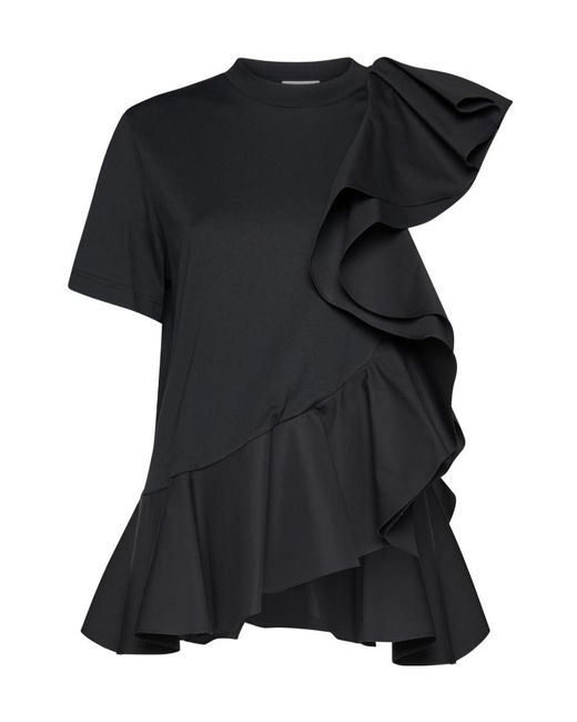 McQueen Black Asymmetric Ruffled Crewneck Top