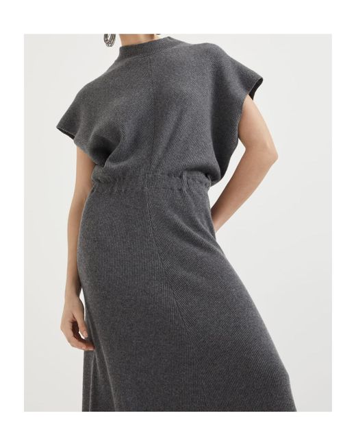 Brunello Cucinelli Gray Mock Neck Knitted Dress
