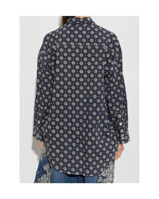R13 Gray Pintuck-Details Drop-Neck Floral-Print Cotton Shirt