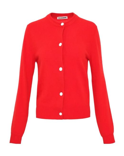Jil Sander Red Wool Crew Neck Cardigan