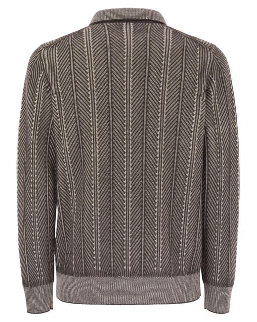 Brunello Cucinelli Gray Polo Neck Chevron Knitted Jumper for men